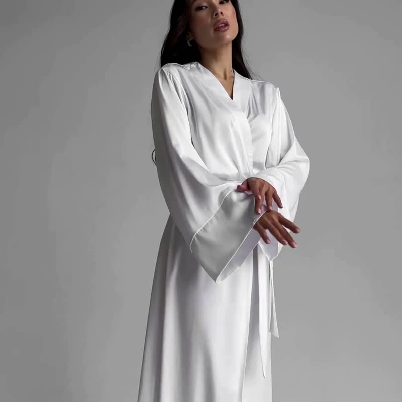 奢華真絲長袍 |優雅長款婚禮晨禮服 |和服絲綢長袍 - 居家服/睡衣 - 絲．絹 白色