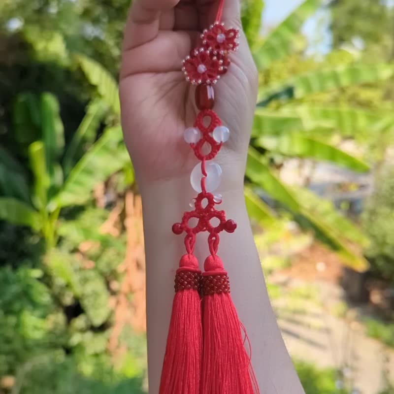 คริสตัล พัด สีแดง - Pendant with tassels and tassels, fan pendant, chalcedony, agate and beads, folding fan, dark red version of the crane in the clouds