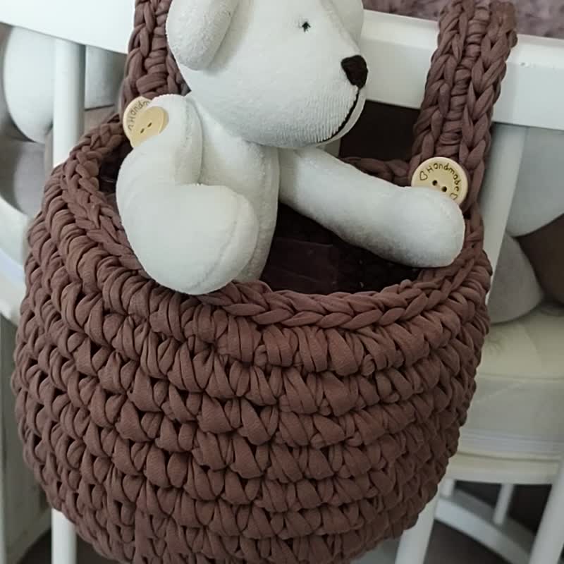 Hanging storage basket for baby crib. Handmade crochet basket. Brown - Baby Accessories - Cotton & Hemp Brown