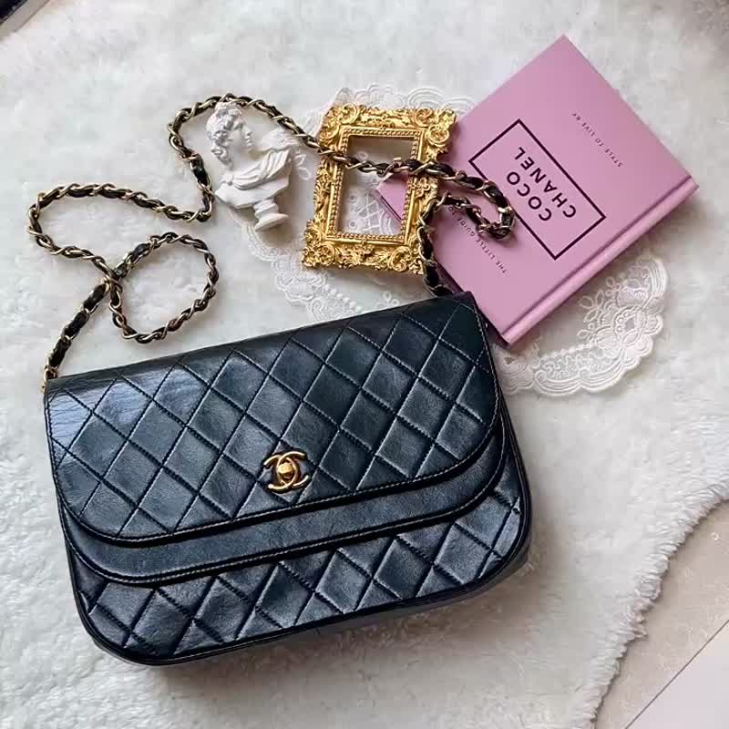 【日本中古】86-88年 罕有中古CHANEL Double Flap Bag 原裝貼附 - 側背包/斜背包 - 真皮 黑色