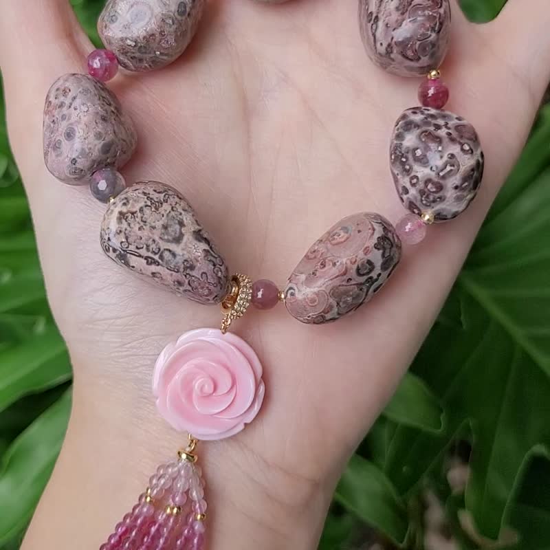 稀有粉豹紋瑪瑙 女皇貝 碧璽 流蘇 魔鬼水晶 人緣 手鍊 單品 禮物 - 手鍊/手環 - 寶石 粉紅色