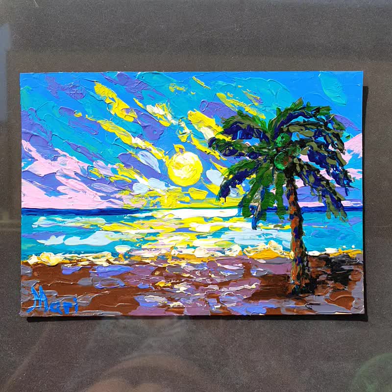 絵画　絵 ヤシの木絵画日没トロピカルスカイスケープオリジナルアート旅行夜