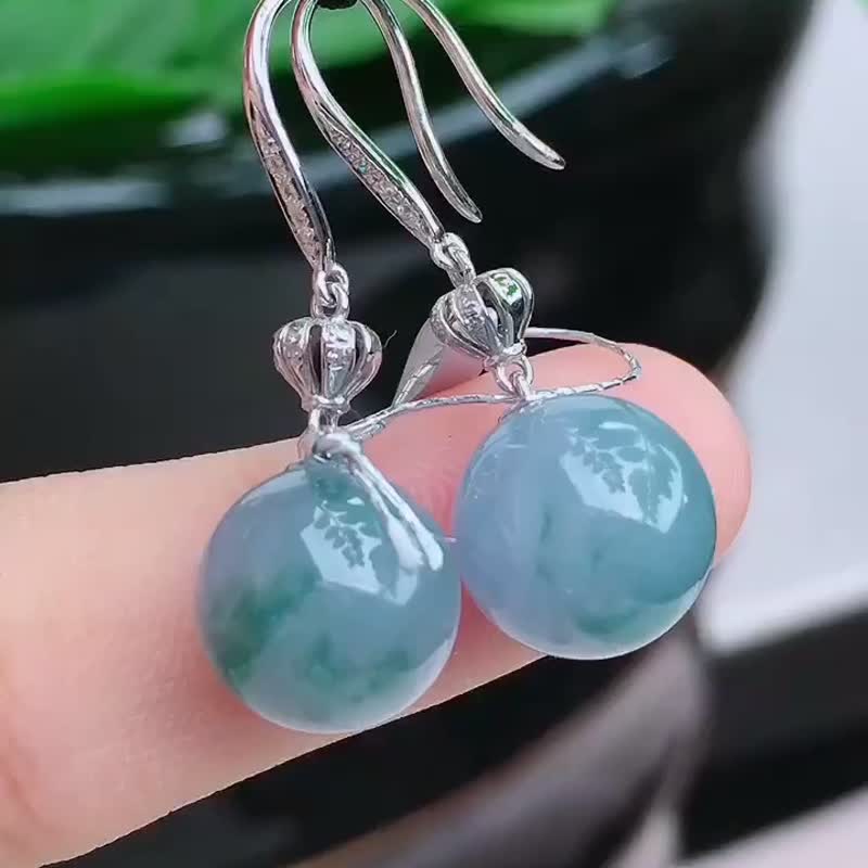 冰種 天然緬甸翡翠A玉 頸鏈 耳環 • 冰種藍飄花翡翠耳環 - 耳環/耳夾/耳骨夾 - 玉石 藍色