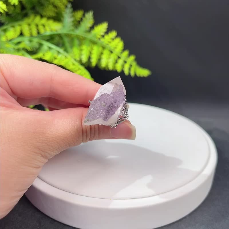 紫水晶活口戒指 隨形冰透晶柱紫色水晶標本礦物手工指環 S925銀 - 戒指 - 水晶 紫色