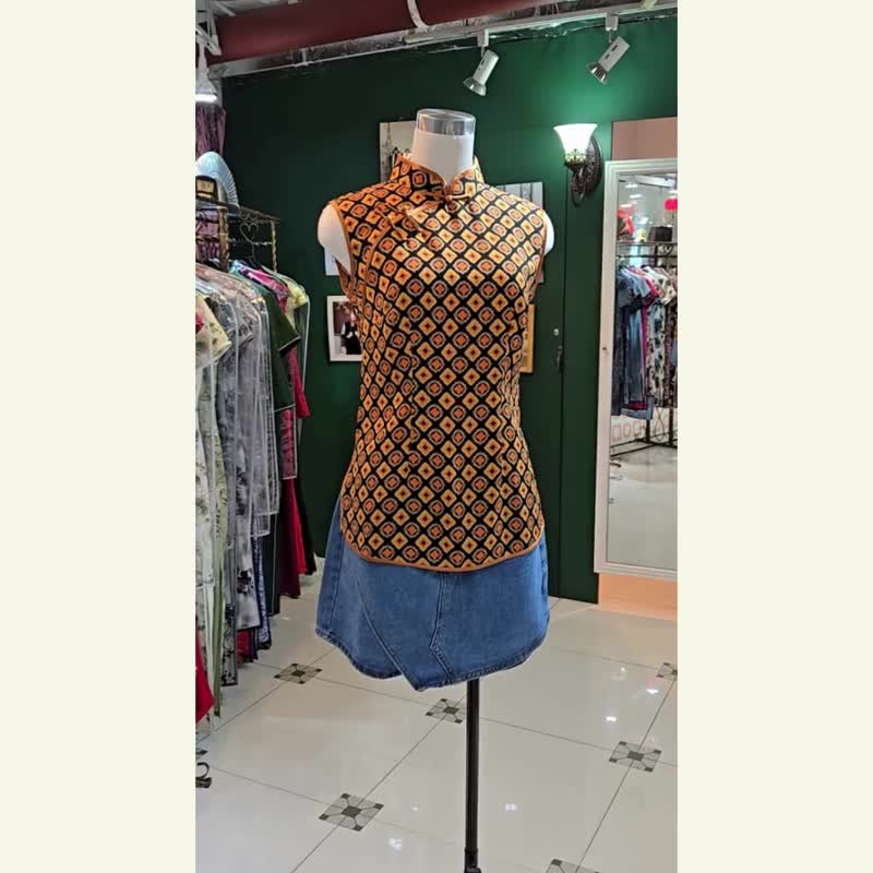 【VINTAGE 悅裳】新式改良復古旗袍上衣  橙色菱形上衣 - 女上衣/長袖上衣 - 棉．麻 多色