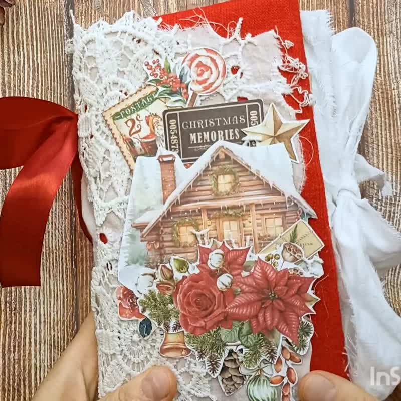 Christmas junk journal handmade December daily winter journal for sale - สมุดบันทึก/สมุดปฏิทิน - กระดาษ สีแดง