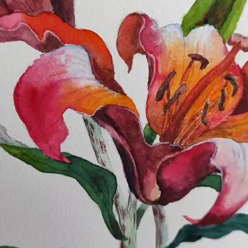 赤いユリの絵画 オリジナル水彩画 アート 花のアートワーク 花