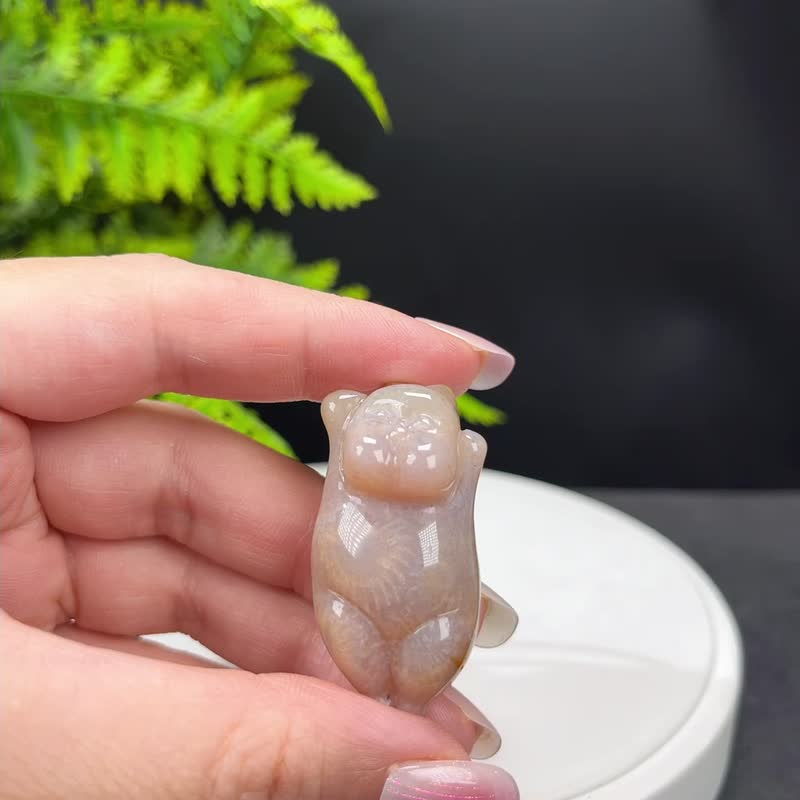 Exquisite Natural Cute Chubby Cat Pink Coral Jade Pendant, Icy Smooth Jadeite, Sun Flower Chrysanthemum Jade Necklace, Spiritual Charm - สร้อยคอ - เครื่องประดับพลอย สึชมพู