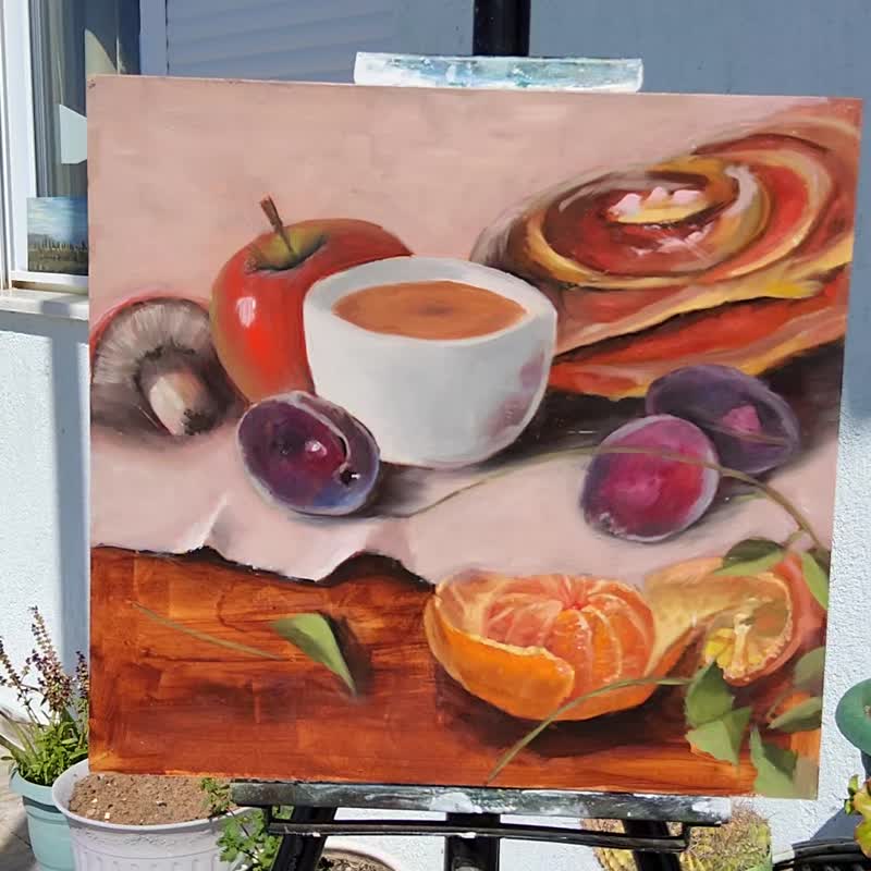 Fruits & Bred Painting Still Life Original Art Cup of Coffee & Mandarin Artwork - 插畫/繪畫/寫字 - 其他材質 