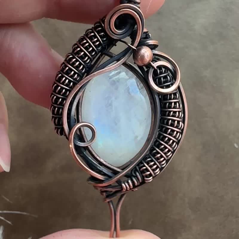WW420 民族風 繞銅線復古做舊 wire wrap 月亮石 頸鏈 - 項鍊 - 銅/黃銅 咖啡色