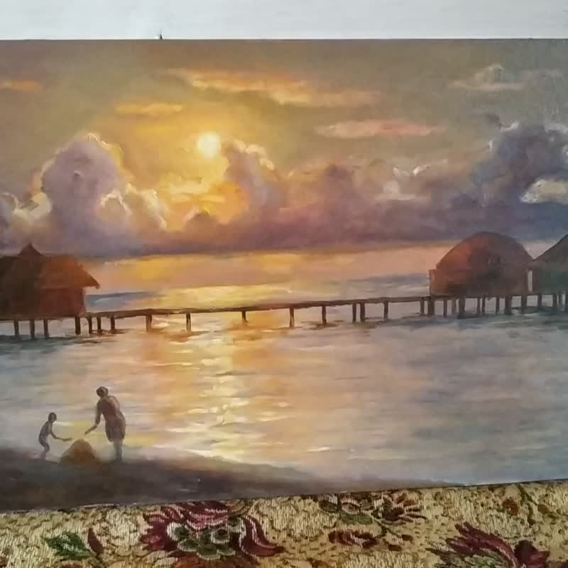 Scenery beach oil painting Original Ocean Art colorful sunset landscape artwork - Posters - Other Materials Purple