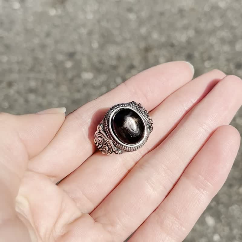 喜迎瑤 925銀 金運石 天然石 活口 戒指 手工銀飾 民族風 男女 嬉 - 戒指 - 水晶 黑色