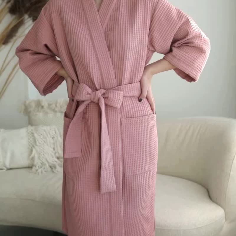 有機棉華夫格長袍 純棉浴袍 華夫格長袍 伴娘服 NK13 - 睡衣/居家服 - 棉．麻 粉紅色