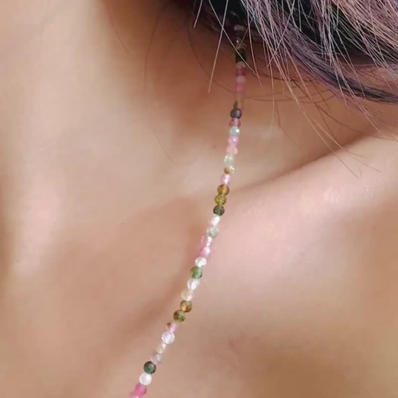 彩糖。簡約極細 貴人石 福晶 碧璽 項鏈 鎖骨鏈 天然水晶 碧璽 項 - 鎖骨鍊 - 半寶石 多色