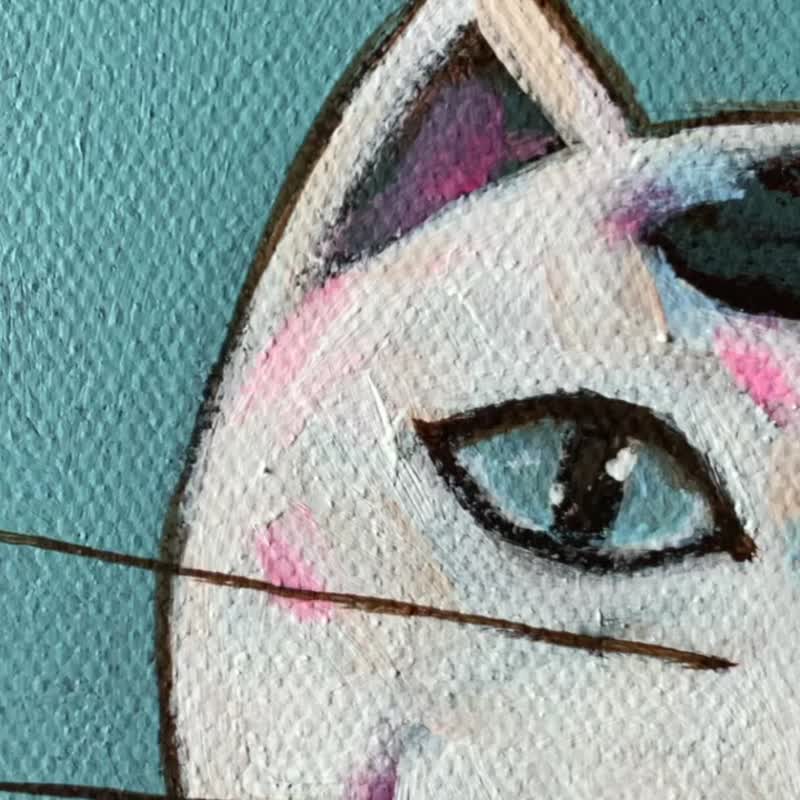 Original cat painting on canvas 15x15cm.White and brown cat - 壁貼/牆壁裝飾 - 壓克力 白色