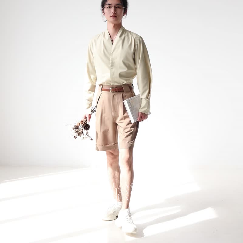 Luanshanhundongfang yappy cross collar long sleeves hidden button position pleated sleeves Khaki shirt daily commuting spring and summer all-match - เสื้อเชิ้ตผู้ชาย - เส้นใยสังเคราะห์ สีเหลือง