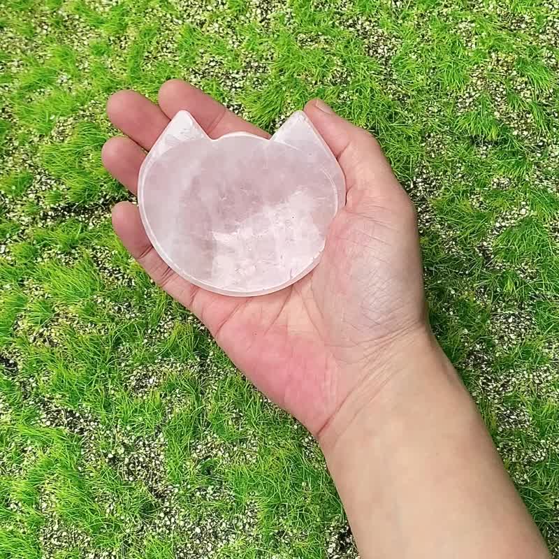 天然可愛粉晶貓咪盤x 天然水晶消磁石 凈化充電消磁套組 旺姻緣 - 其他 - 水晶 粉紅色