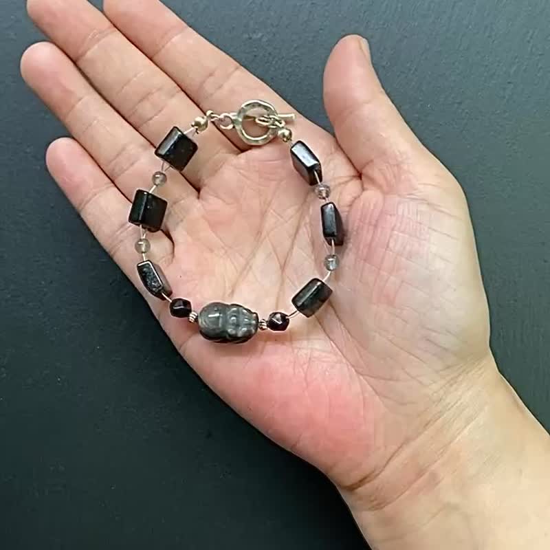 滿礦黑髮晶x灰月光石x黑曜石x銀曜石貔貅925純銀 財運 招貴人事業 - 手鍊/手環 - 水晶 多色