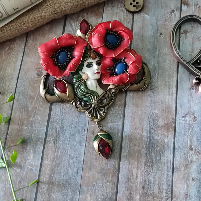 Virgin with Poppies, poppy brooch, red poppies, red flowers,poppy jewelry - 胸針/心口針 - 黏土 紅色
