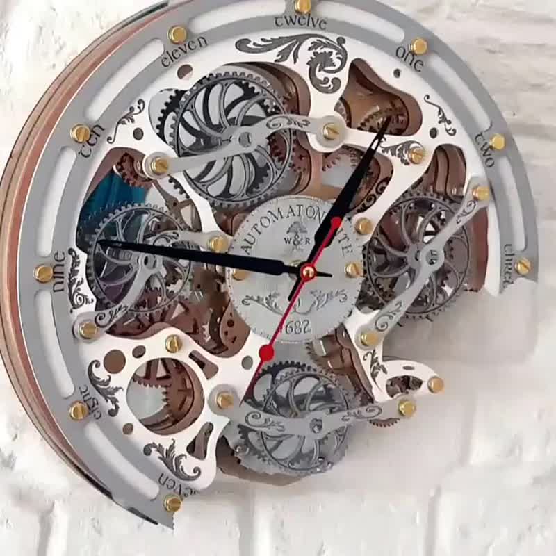 Automaton Bite 1682 Moving Gears Wall Clock Gzhel Steampunk Home Decor Gift - นาฬิกา - ไม้ สีน้ำเงิน