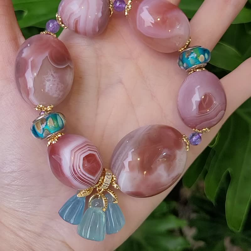 莫蘭迪色纏絲瑪瑙 海藍寶蓮蓬 丹泉石 琉璃 大寶石手鍊 單品 禮物 - 手鍊/手環 - 寶石 紫色