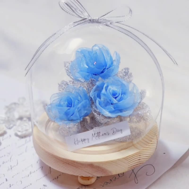 Free Shipping Translucent Blue Rose Ribbon Preserved Flower Glass Cover LED Night Light - ช่อดอกไม้แห้ง - แก้ว สีน้ำเงิน