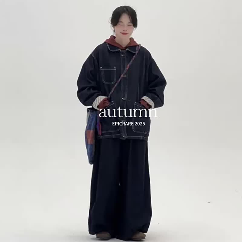 黑色 一條神褲 寬鬆燈籠牛仔長褲 復古休閒百搭簡約牛仔褲 - 女長褲 - 棉．麻 黑色