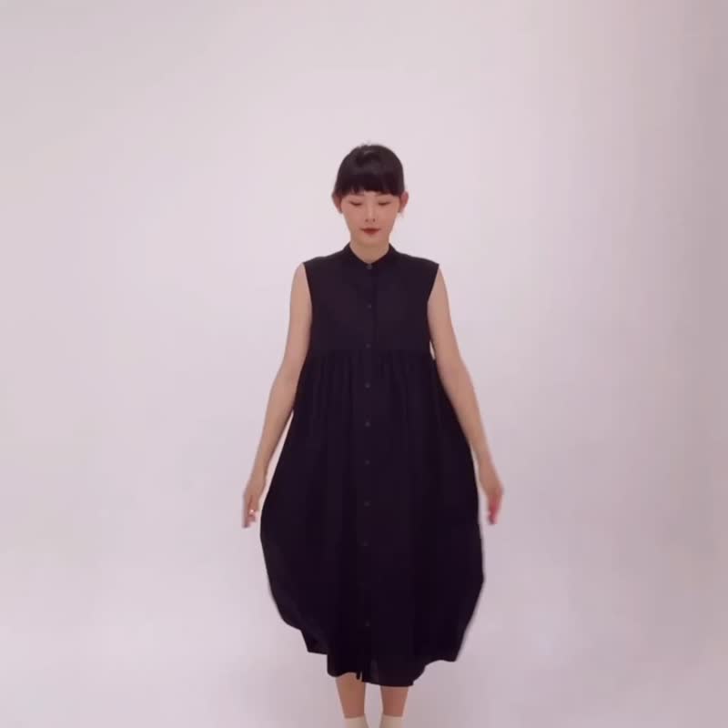 Mandarin Collar Sleeveless Dress - Black - One Piece Dresses - Cotton & Hemp Black