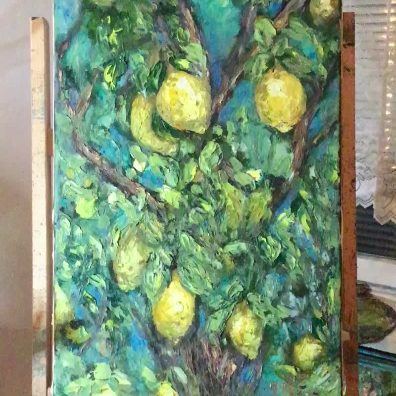 Hand-Painted Lemon Tree Artwork – Mediterranean Nature on Canvas - 壁貼/牆壁裝飾 - 亞麻 