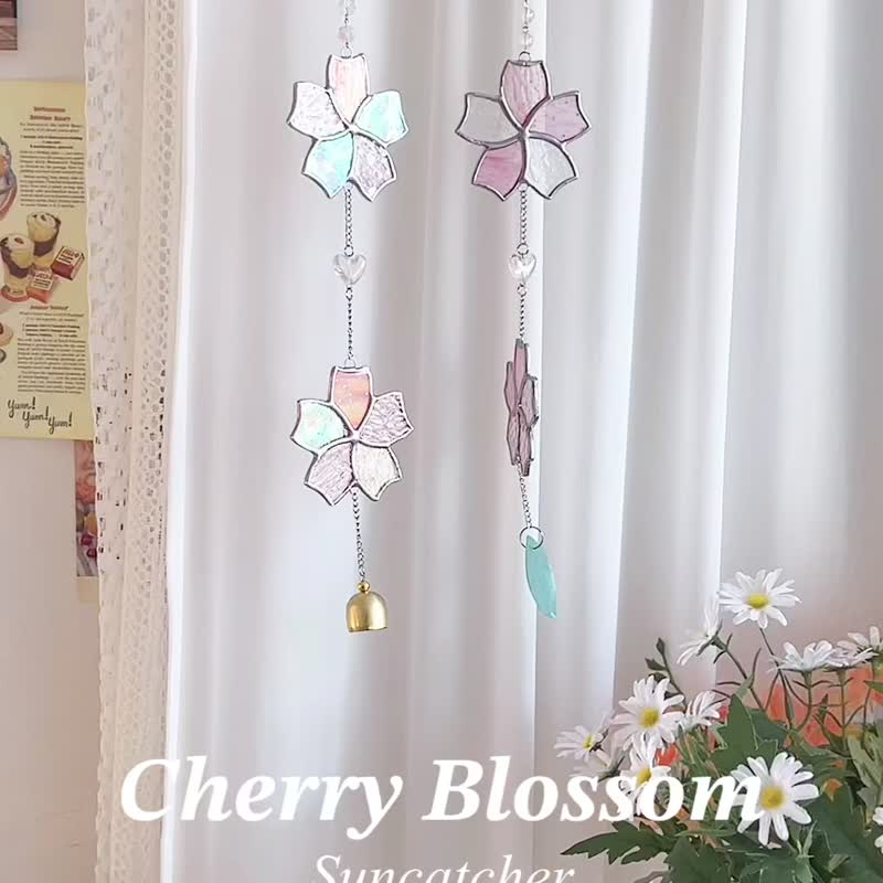 Cherry blossoms Suncatcher, Stained glass design, Handmade hanging glass art - 擺飾/家飾品 - 玻璃 粉紅色