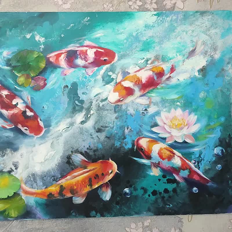 Koi Fish Painting Carp Oil Art Feng Shui Painting Fish Art - 壁貼/牆壁裝飾 - 其他材質 