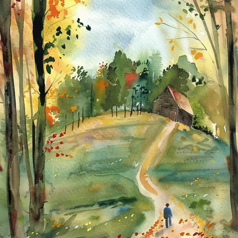 Autumn forest stroll romantic landscape watercolor painting warm healing cafe B&B decoration frameless painting hanging painting - โปสเตอร์ - ผ้าฝ้าย/ผ้าลินิน 