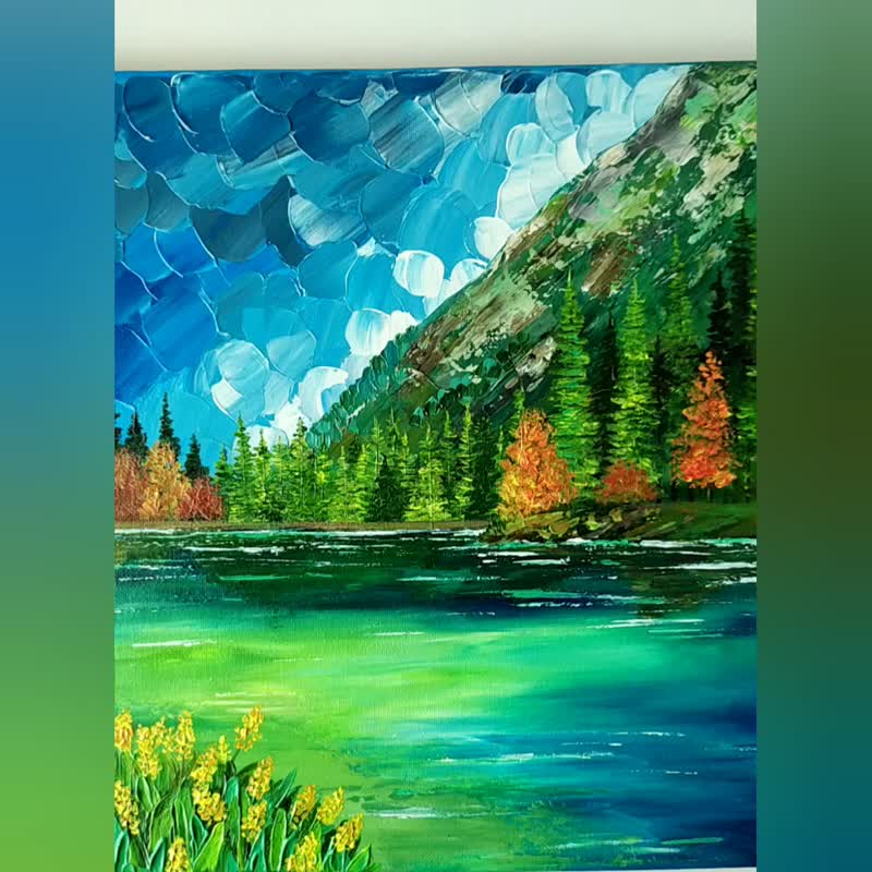 Landscape painting with forest mountains and lake on canvas Wall decoration 畫 - Wall Décor - Acrylic Green