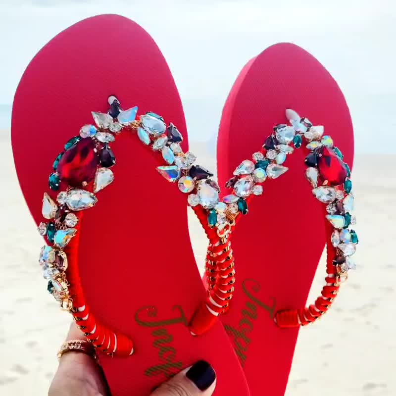其他材質 拖鞋 紅色 - Jeweled Flip Flops Bling Flip Flops  Rhinestone White Sandals Beach Sandals Shoe