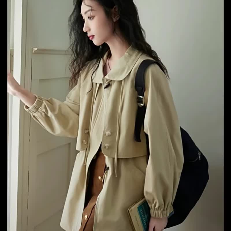 Autumn new petite khaki standing collar waist windbreaker jacket with retro casu Shop annechen Women s Blazers Trench Coats Pinkoi