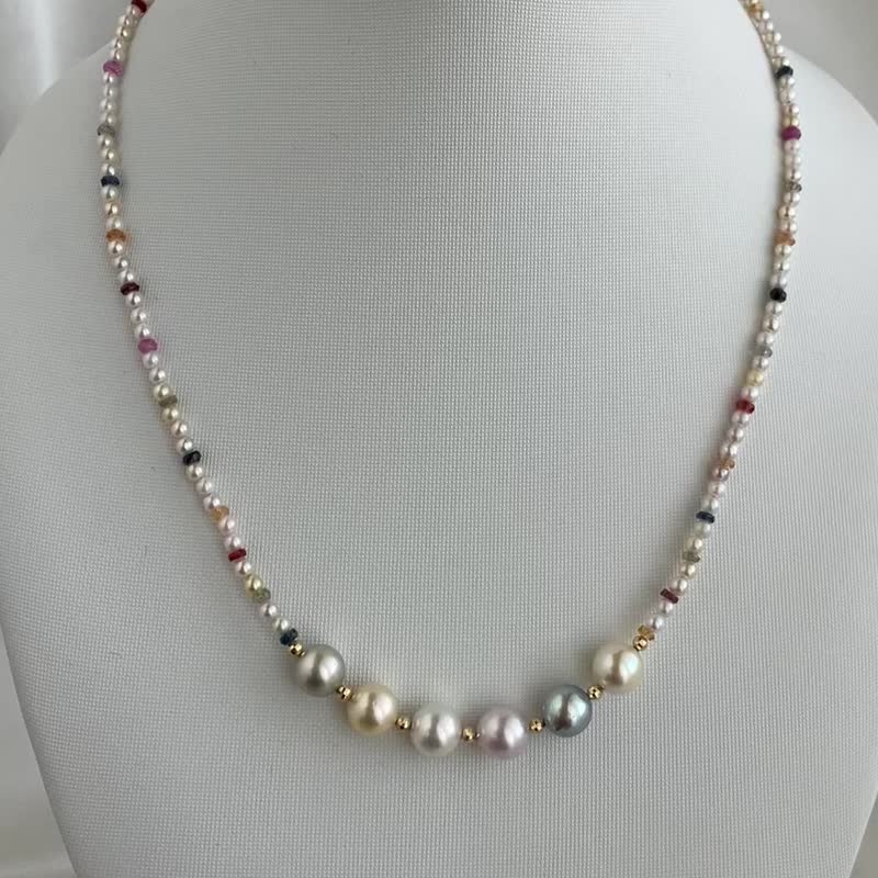 Multi-colored Akoya pearl necklace with sapphire, colorful, summery colors, colored indigo blue pearl necklace, akoya pearl necklace, candy color - สร้อยคอ - ไข่มุก หลากหลายสี