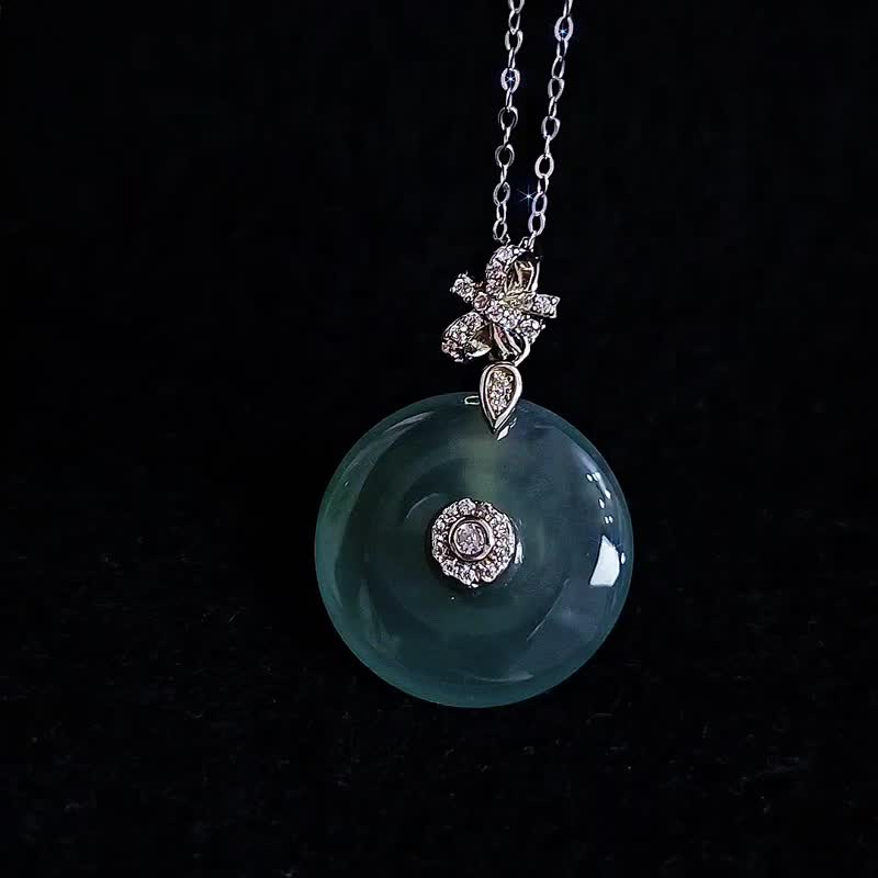 Wealth·Happiness·Smooth|Ice Blue Horizontal Buckle|A Grade Jadeite Sterling Silver Plated 18k Bow Pendant - สร้อยคอ - หยก 