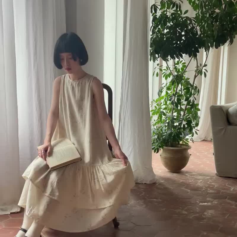 Chunya New Chinese Style Literary Retro Bamboo Print Dress Sleeveless Ruffled Hem Loose Dress - One Piece Dresses - Other Man-Made Fibers White
