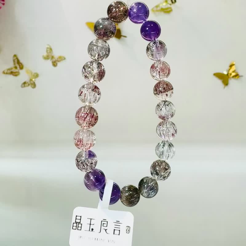 天然多礦星閃彩超七水晶9mm21.81g帶彼岸花三輪骨幹水晶黑超七 - 手鍊/手環 - 水晶 多色