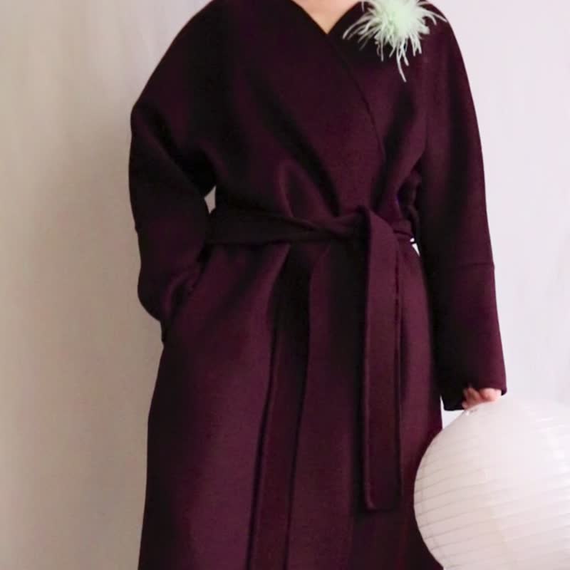 Marsala purple burgundy hand-stitched minimalist double-layered cashmere wool strapped coat with full video included in the text - เสื้อแจ็คเก็ต - ขนแกะ 