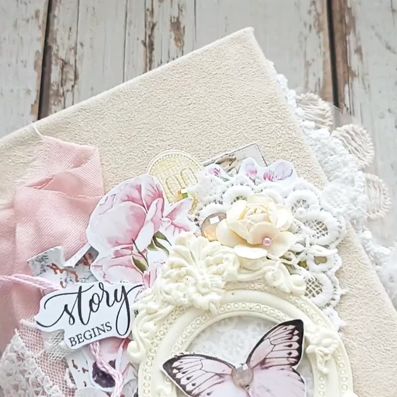 Love Rose junk journal handmade Garden romantic dairy notebook lace - 筆記本/手帳 - 紙 粉紅色