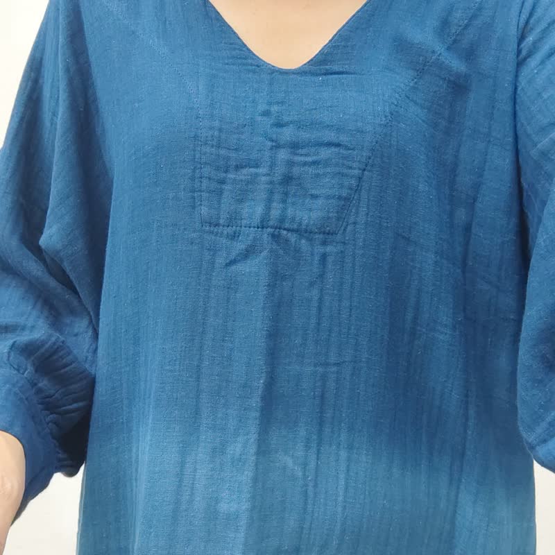 Karen 3 Tone - 柔軟棉質靛藍染色連身裙 - 洋裝/連身裙 - 棉．麻 藍色