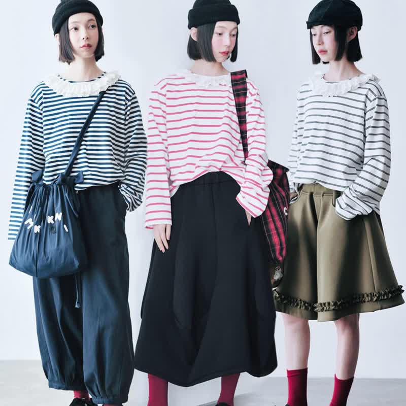 Blue and white striped autumn pure cotton trim collar long-sleeved top - เสื้อผู้หญิง - ผ้าฝ้าย/ผ้าลินิน สีน้ำเงิน