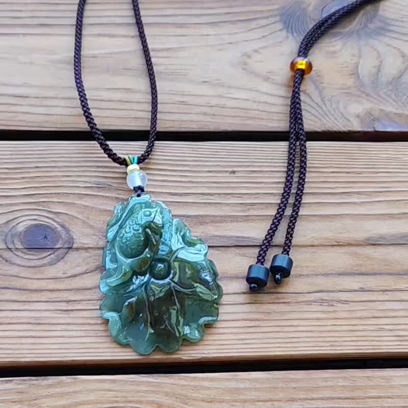 Kincui Natural Jade and Hemeimei Ice Green Red Jade Lotus Leaf Fish Adjustable Rope Chain - สร้อยคอ - หยก หลากหลายสี