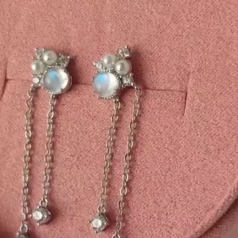 Drop Earrings Natural Rainbow Moonston Silver925, Drop earrings,vintage earrings - 耳環/耳夾/耳骨夾 - 純銀 白色