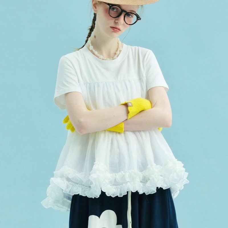 黑色拼接紗短袖上衣 / T恤 T-shirt - 女 T 恤 - 棉．麻 黑色