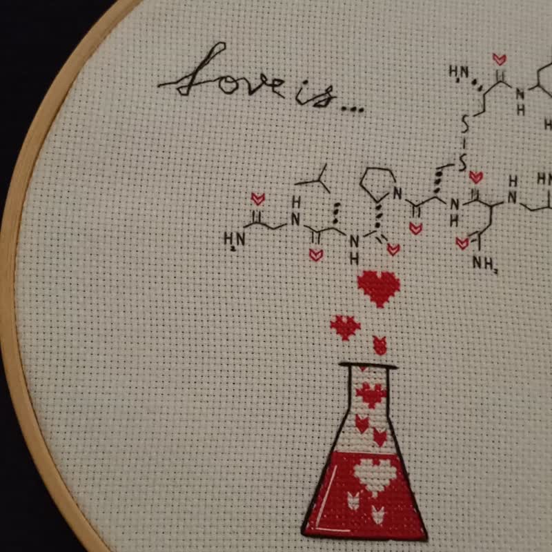 Handmade Chemical painting, Love is wall art, Finished cross stitch, Oxytocin pr - ตกแต่งผนัง - งานปัก สีแดง