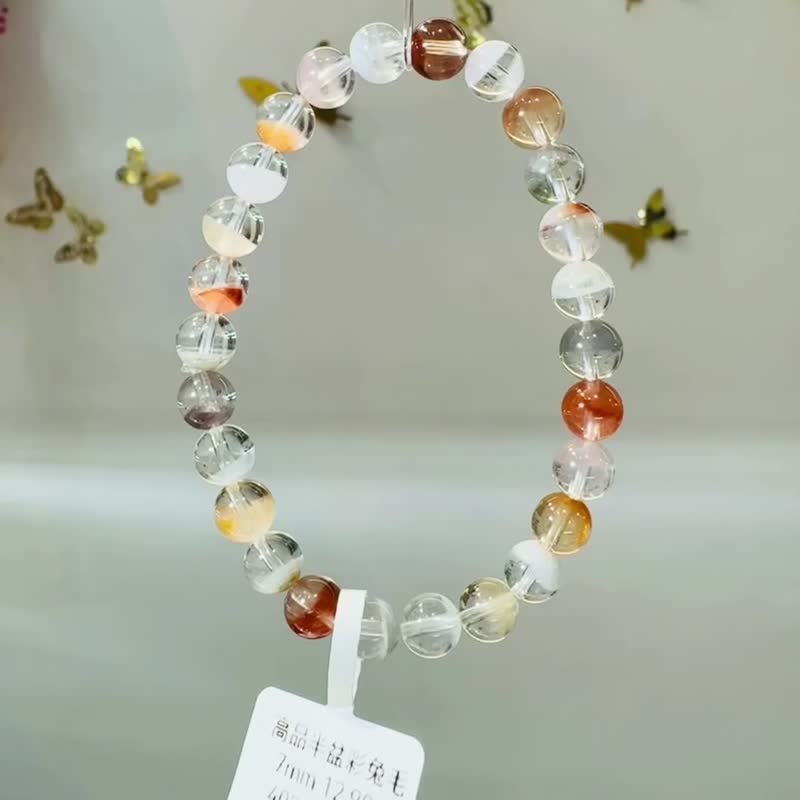 春天色糖果玻璃體半盆彩兔毛水晶7mm12.90g手珠稀有紫兔毛藍兔毛 - 手鍊/手環 - 水晶 多色