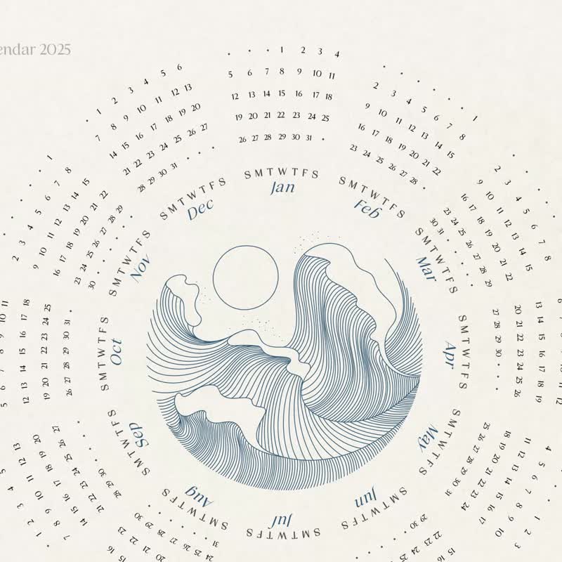 2025 Printable Calendar Blue Abstract Lines Waves Sun + Desktop Wallpaper iPad - 其他數位設計 - 其他材質 