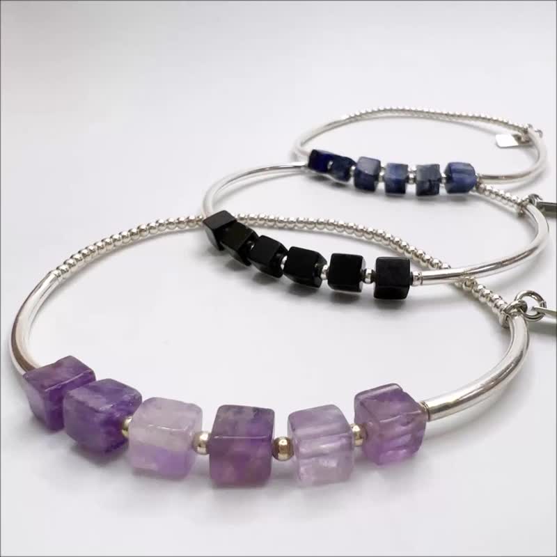 925銀珠水晶手串 銀管x天然石 紫水晶青金石黑瑪瑙 3選1方珠手串 - 手鍊/手環 - 純銀 多色